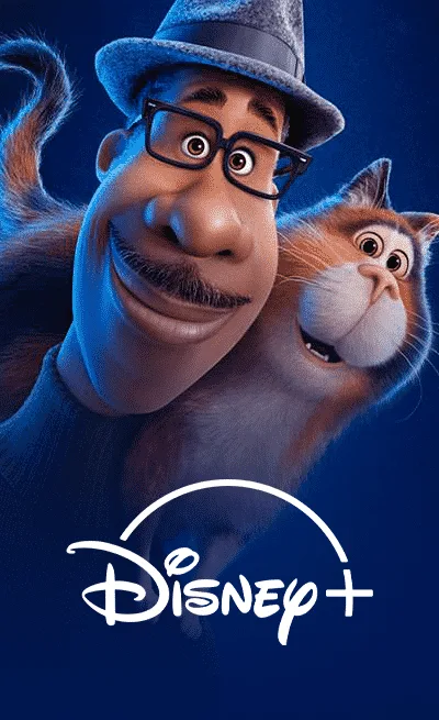 Home 23 Imagen promocional de Disney+ con personajes animados de Soul y logo de la plataforma