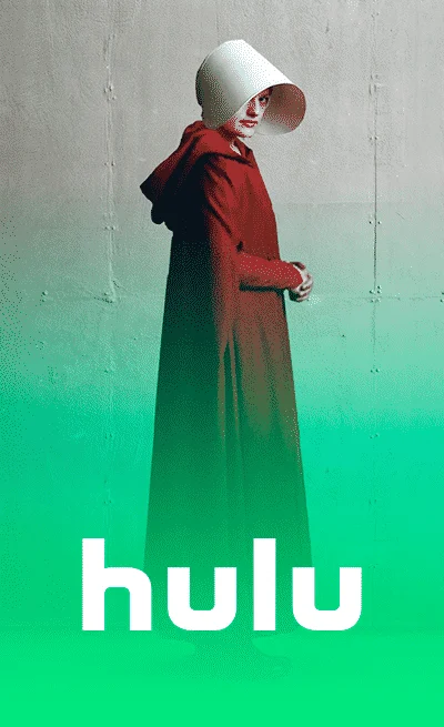 Home 25 Imagen promocional de Hulu con personaje de The Handmaid's Tale y logo de la plataforma